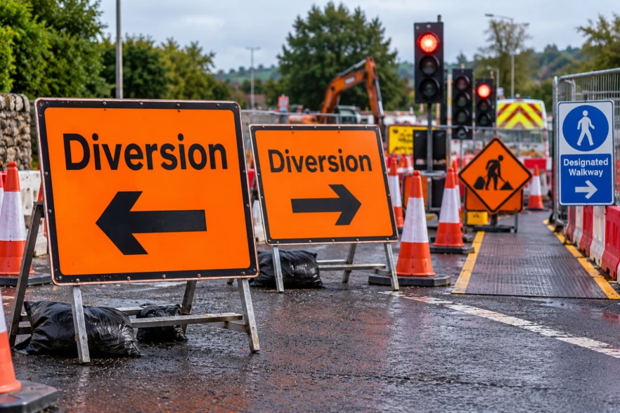 Temporary roadworks signs for traffic management in Ireland